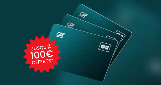 Visuel avec 3 cartes avec inscrit « jusqu’à 100€ offerts »