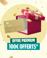 Visuel de la carte bleue de la formule Premium qui sort d'un cadeau avec inscrit "100€ offerts"