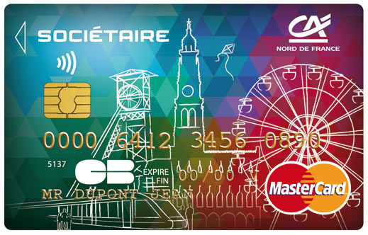 Carte MasterCard Sociétaire du Crédit Agricole Nord de France avec un dégradé de rouges, de bleus et de verts ; comportant des symboles de la région, stylisés au trait : un beffroi, la grande roue, le métro de Lille, un chevalet de mine de charbon